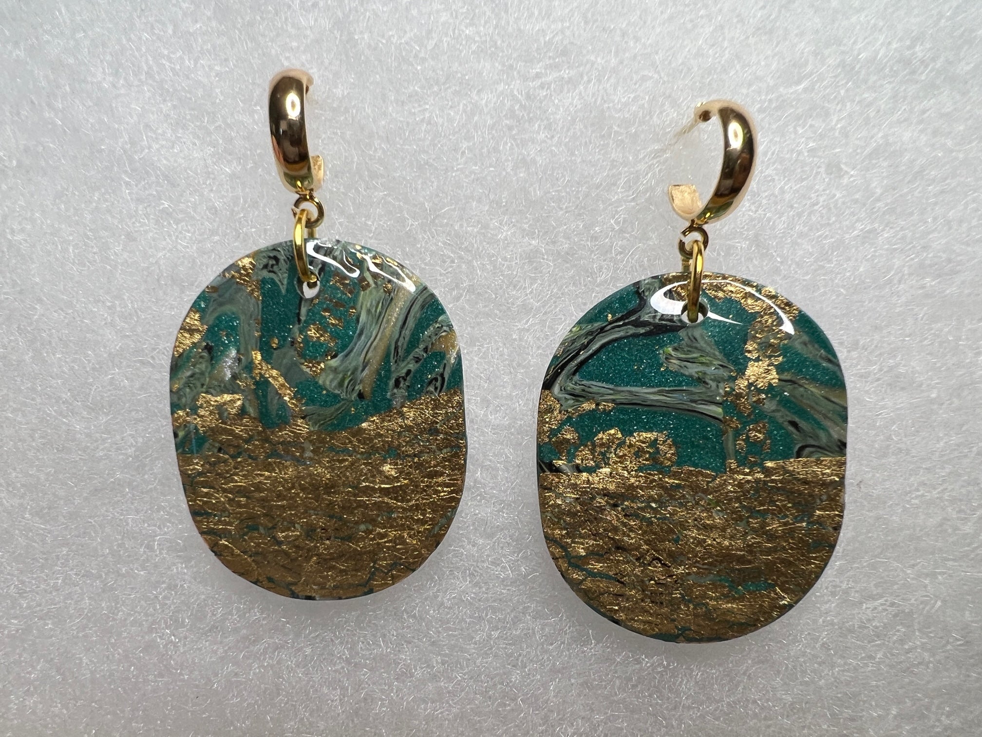 Polymer clay with gold leaf and gold 2024 tone hammered metal drop earrings